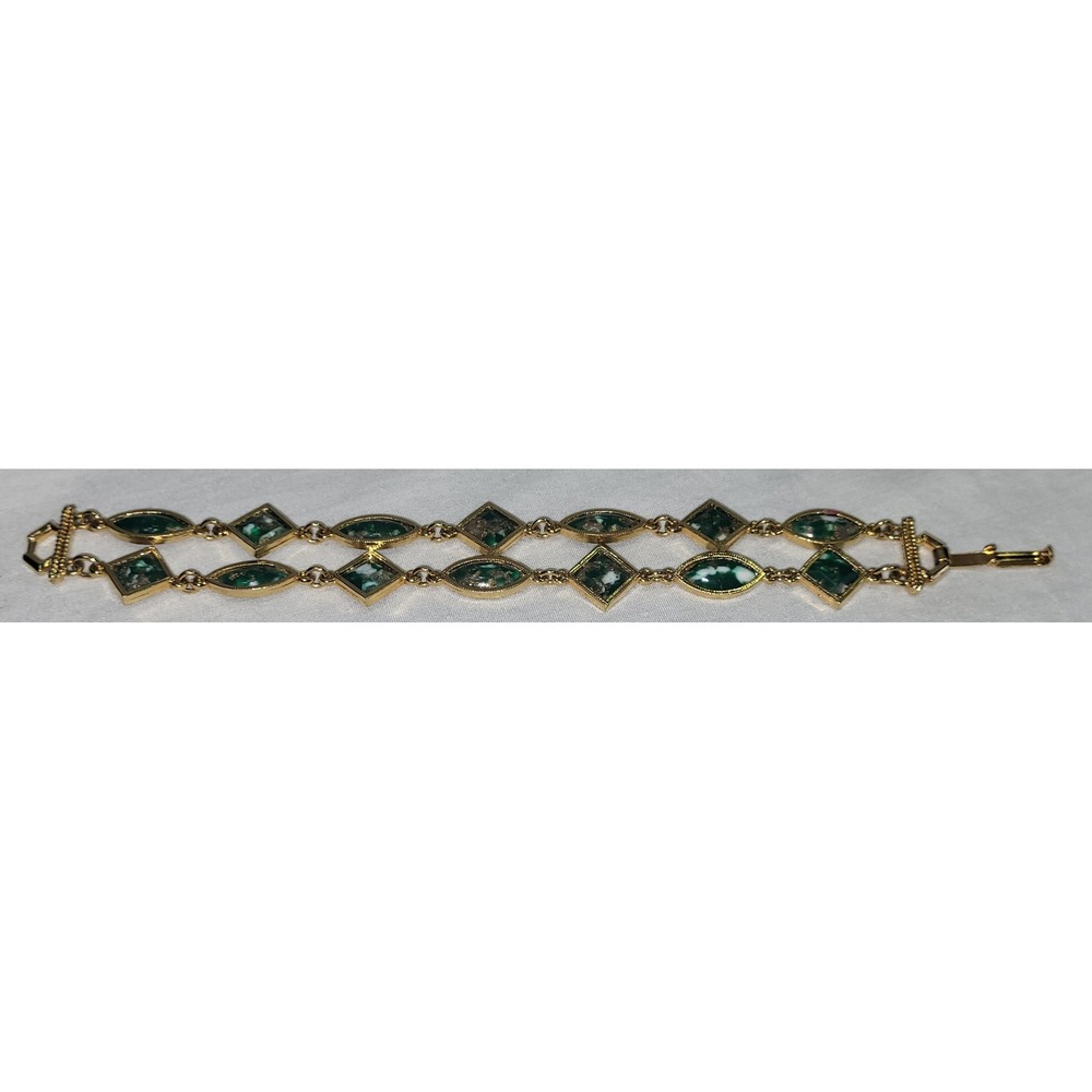 Vtg Celebrity Green Marbled Cabochon Bracelet Gold Tone Double Strand 7" Signed